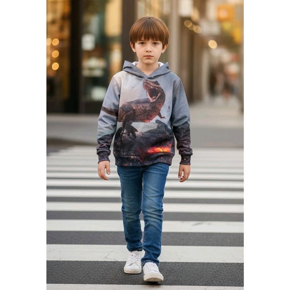 Toddler Boy's T REX Dinosaur Hoodie Pockets Sweatshirt Back Front Print Size 3T